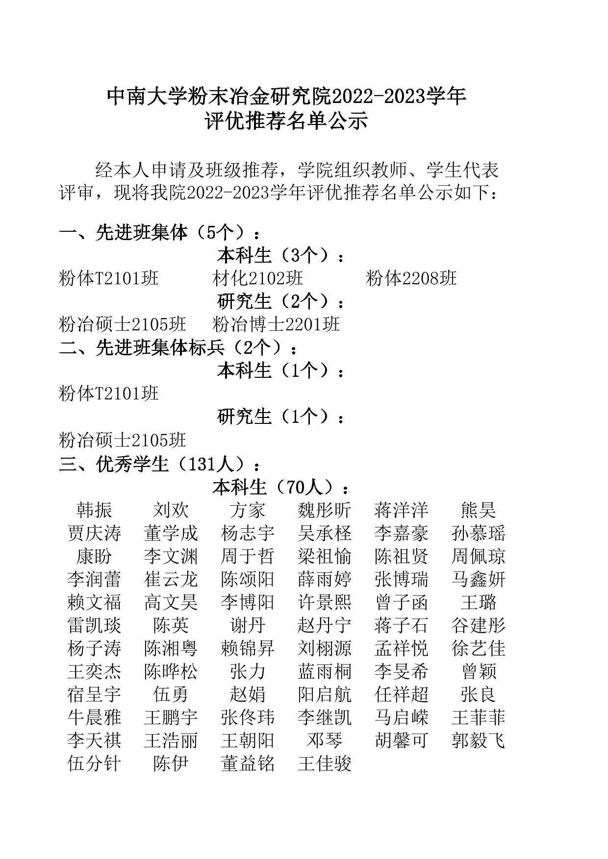 中南大学亚洲体育博彩平台(中国)官方网站2022-2023学年评优推荐名单公示-中南大学亚洲体育博彩平台(中国)官方网站门户网站